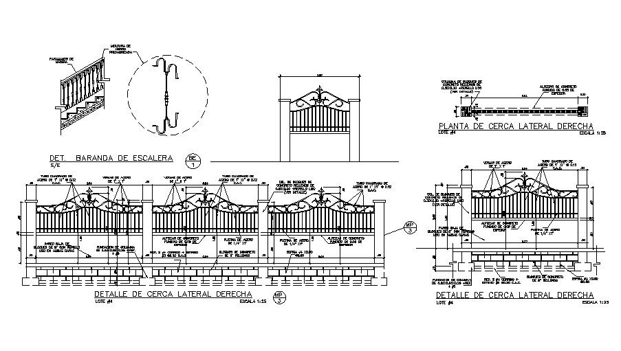 Details of gate and lateral right fence structure dwg file