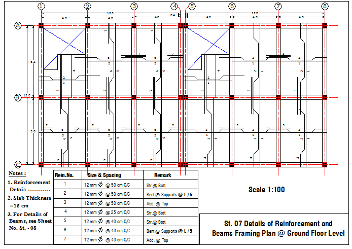 Details of slab reinforcement and beam framing plan dwg file