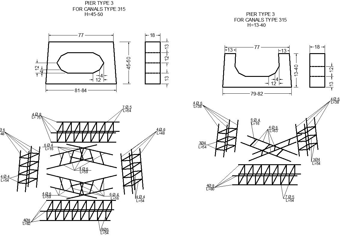 Details and section for flume type of pier type for canals