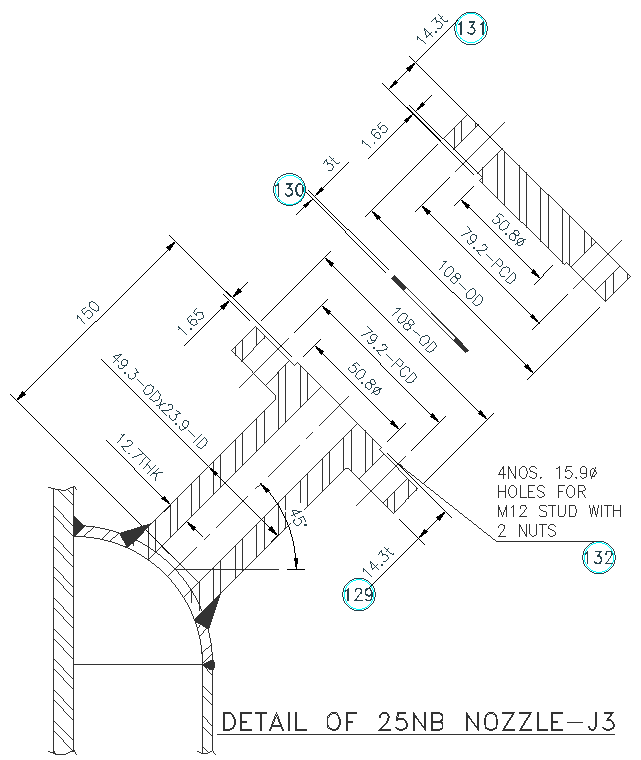 Details of 25NB nozzle design with stud and 2 nuts details dwg autocad drawing .