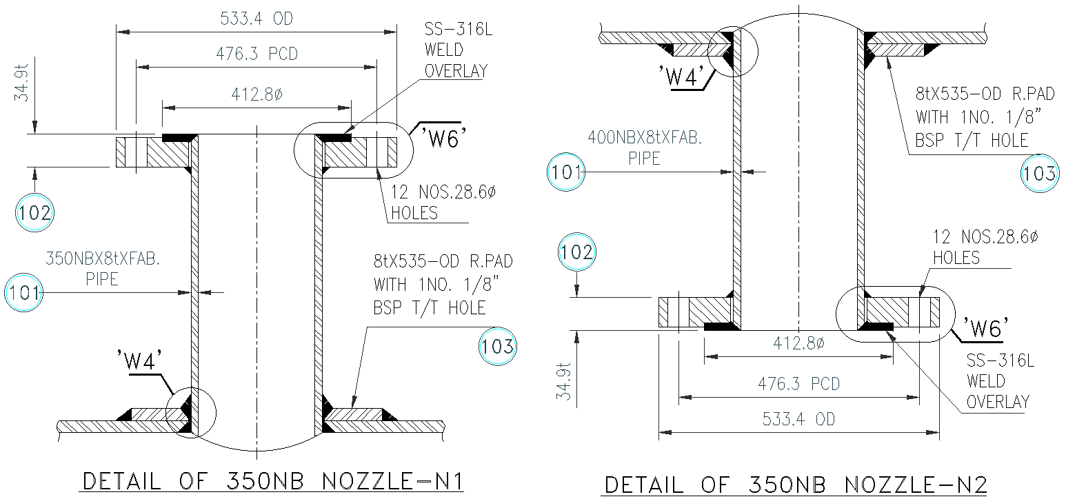 Details of 350 nb nozzle design dwg autocad drawing .