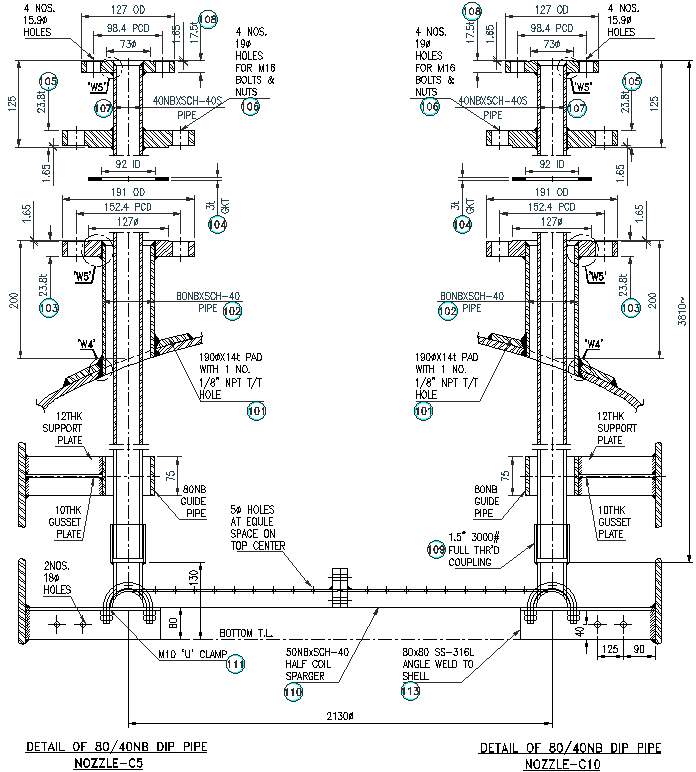 Details of 40 nb dip pipe nozzle design dwg autocad drawing .
