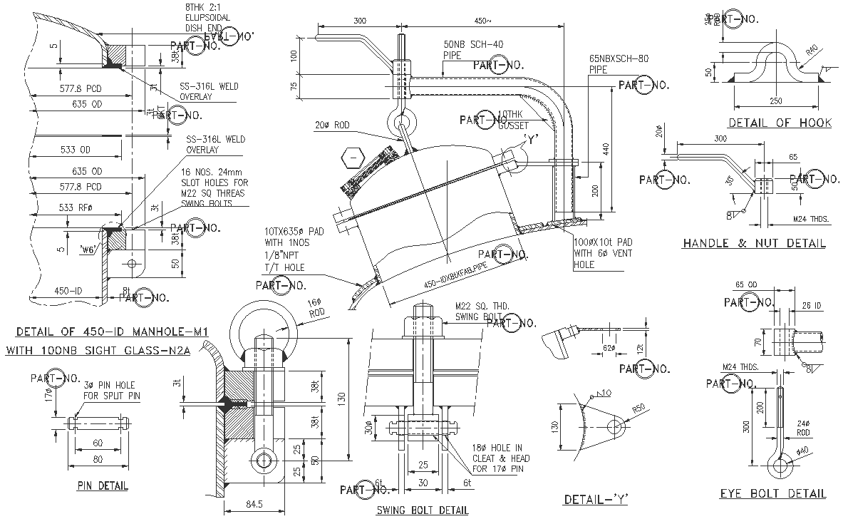 Details of 450 man id manhole m1 with 100 nb sight glass details dwg autocad drawing .