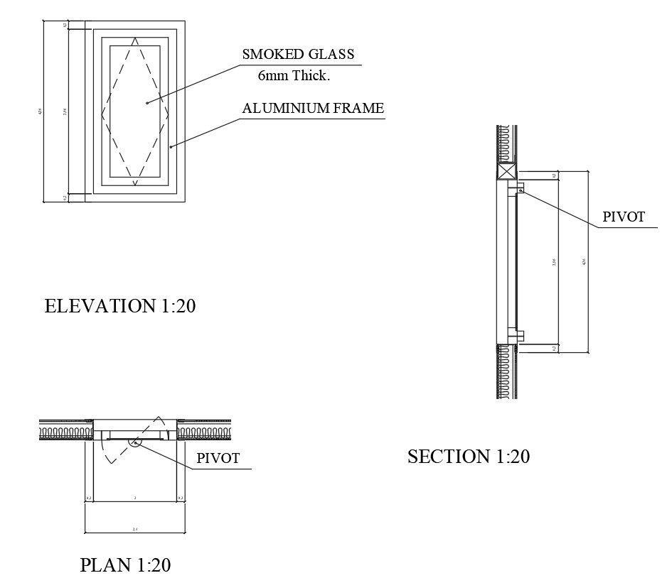 Details of Smoked glass and aluminum frame of window in AutoCAD, dwg file.