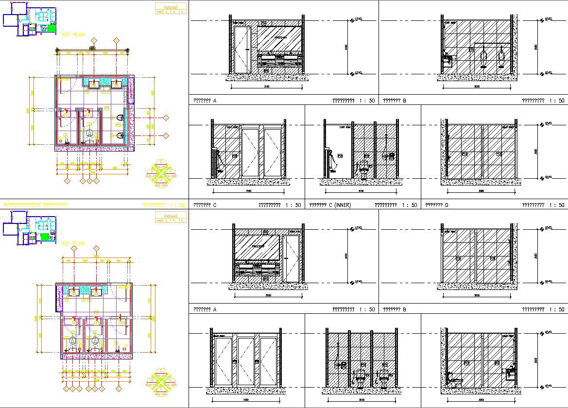 Details of bathroom from plan and elevation cad blocks in AutoCAD, dwg file.