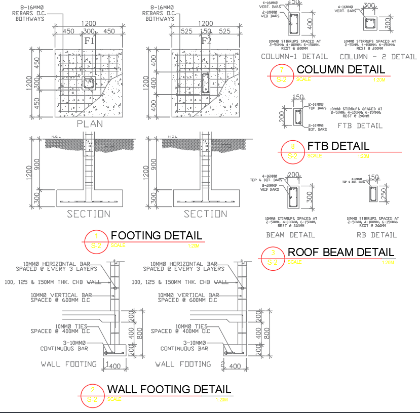 Footing, Tie Beam, and Column CAD Drawing with Structural Details