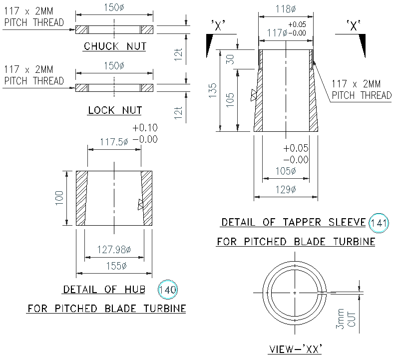 Details of hub for pitched blade turbines dwg autocad drawing .