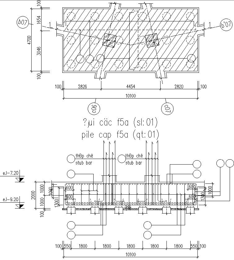 Details of pile cap and stub bar.