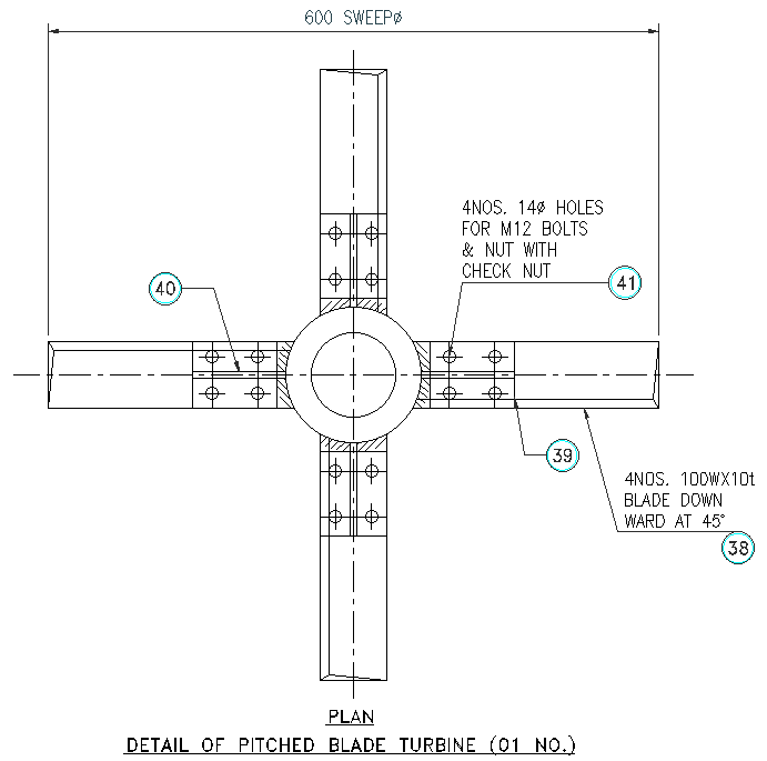 Details of pitched blade turbine dwg autocad drawing.