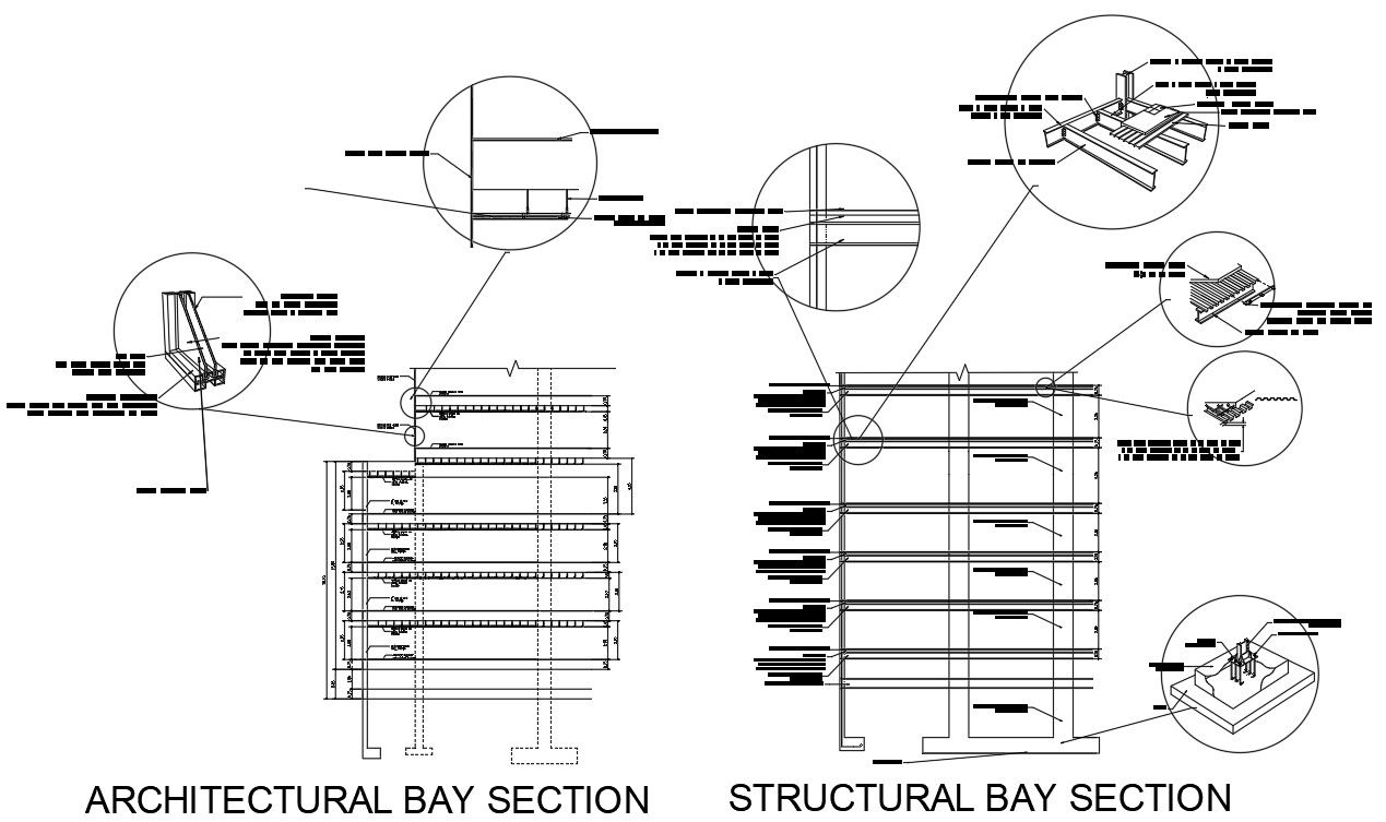 Structural and Architectural Bay Section Details in AutoCAD Drawing