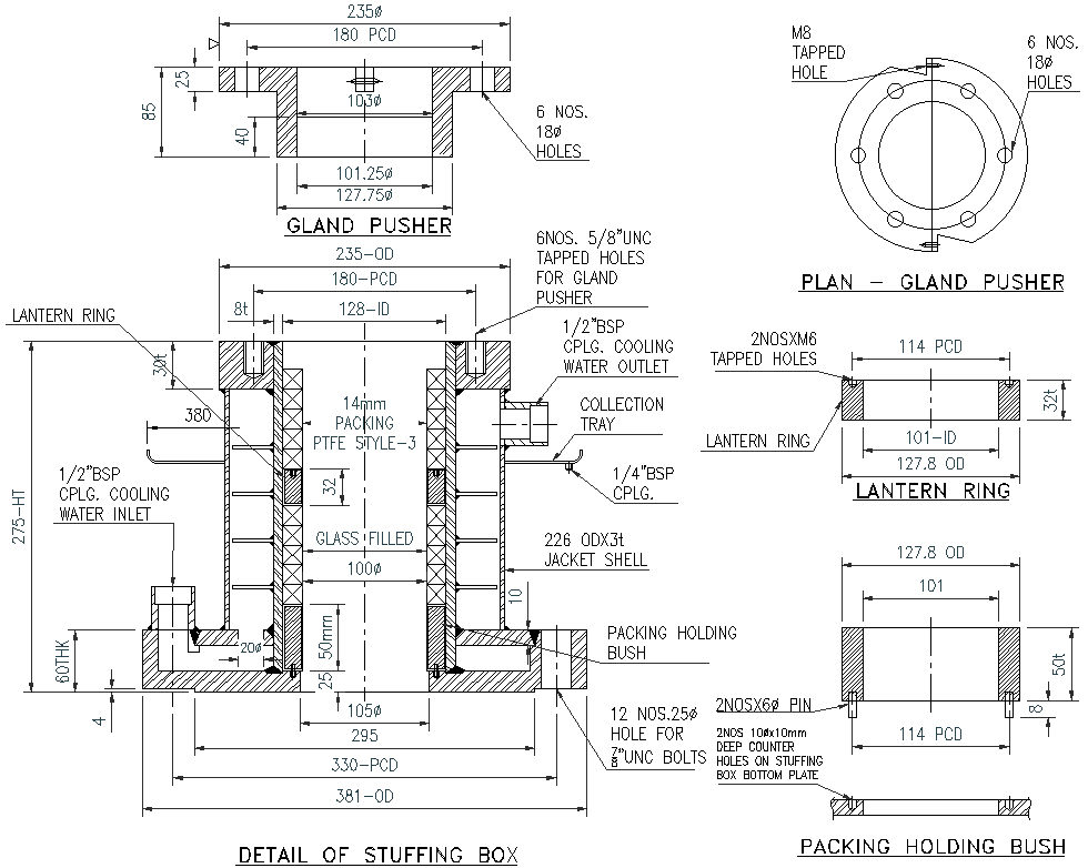 Details of stuffing box with gland pusher details dwg autocad drawing .