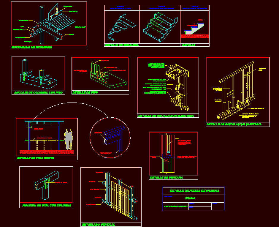 wooden pieces isometric views details