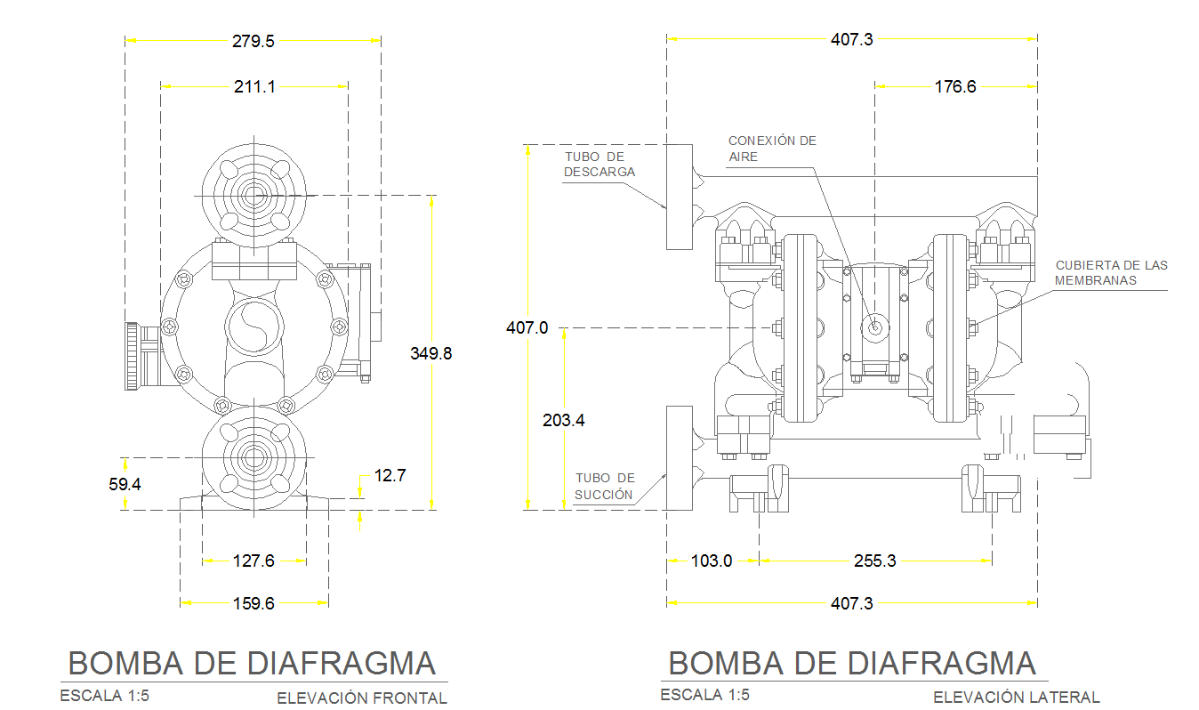 Diaphragm pump cad drawing in 2d 