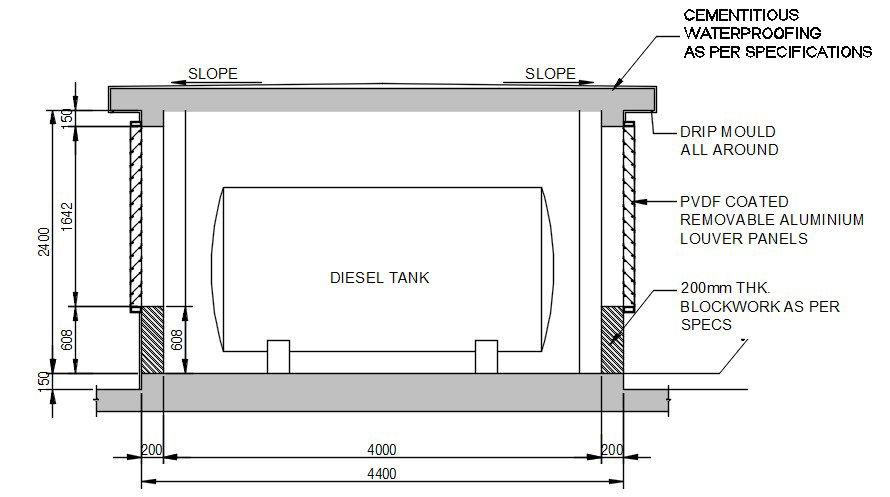 Diesel tank room section details are given in this AutoCAD DWG Drawing File.