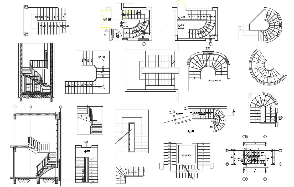 Different Types of Staircase Plan and Elevation CAD Drawing File