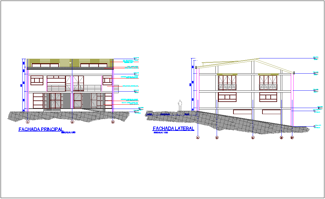 Different axis elevation view for house with commercial building dwg file