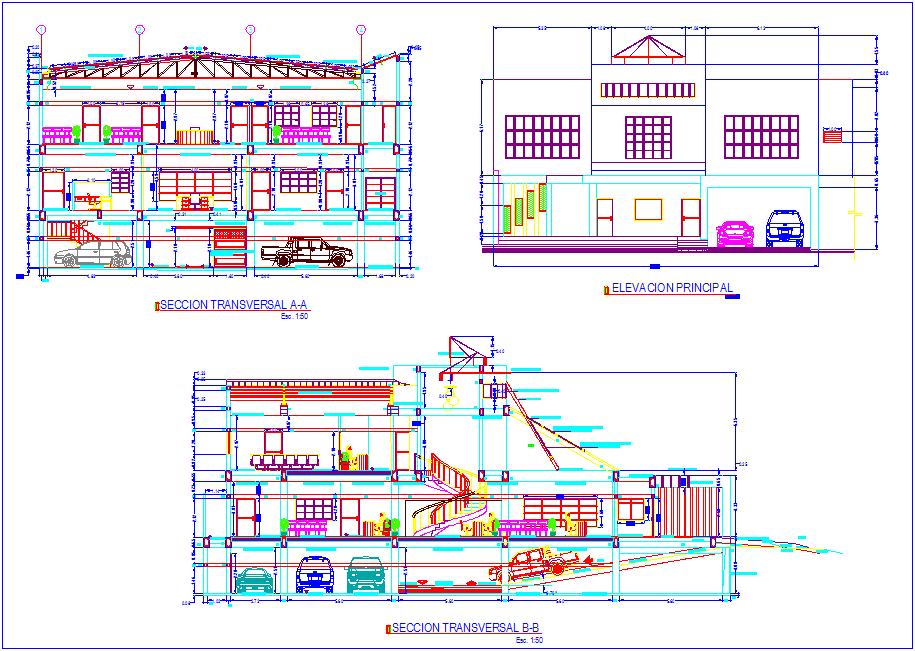 Different axis elevation and section view for bank building dwg file