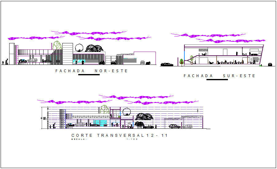 Different axis elevation and section view for commercial building dwg file