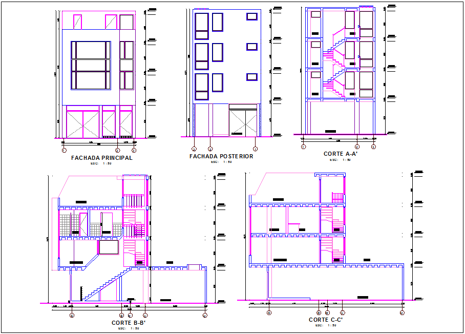 Different axis elevation and section view for corporate building dwg file