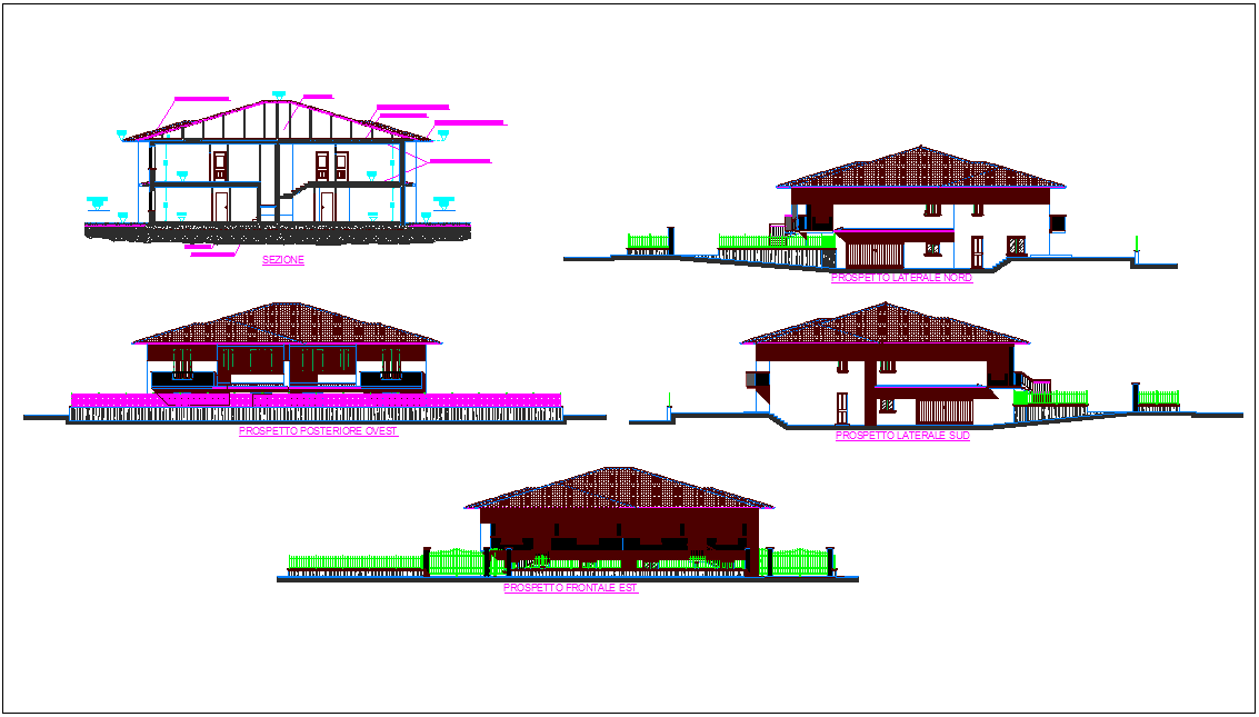 Different axis elevation and section view for house building dwg file