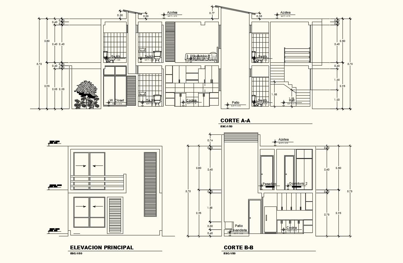 Different axis elevation and section view for house dwg file