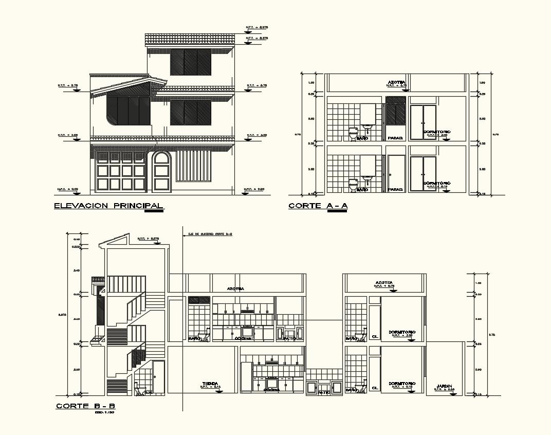 Different axis elevation and section view for housing building dwg file
