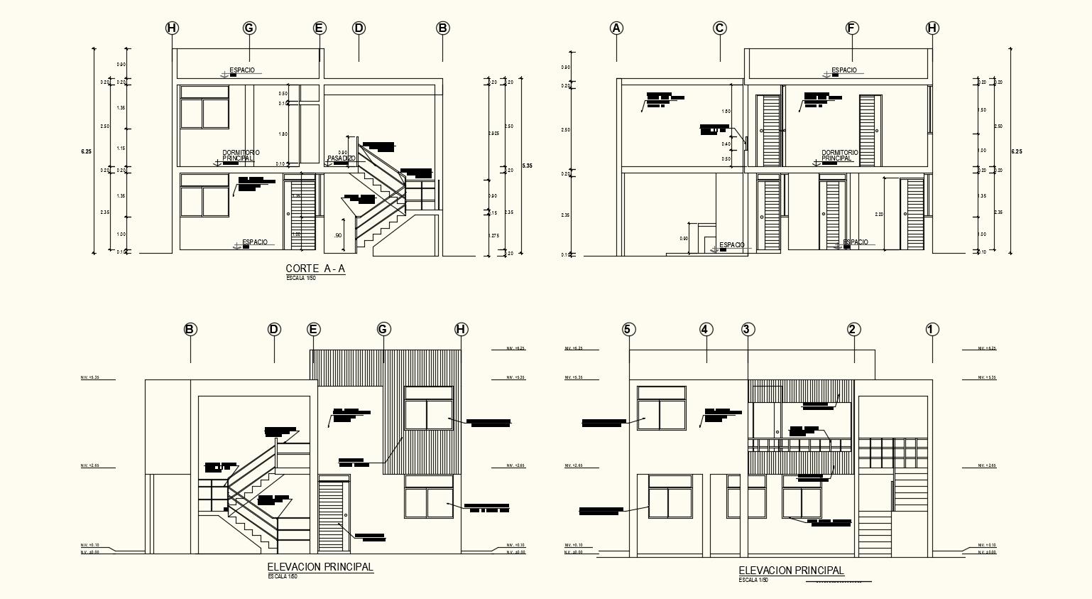 Different axis elevation and section view for living place building dwg file