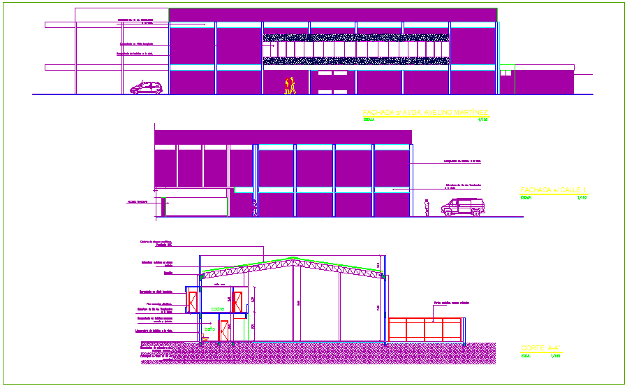 Different axis elevation and section view for mattress factory dwg file