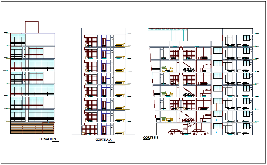 Different axis elevation and section view for multi family building dwg file