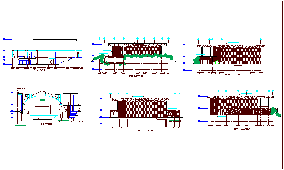 Different axis elevation and section view for multipurpose building dwg file