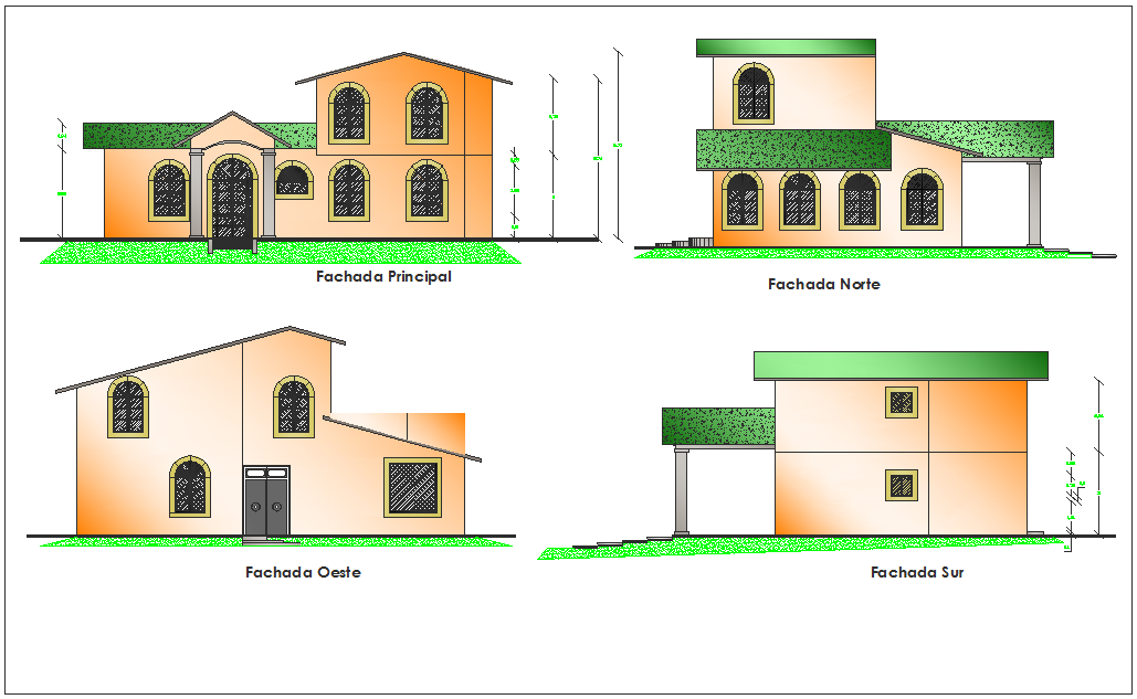 Different axis elevation and section view for office building dwg file
