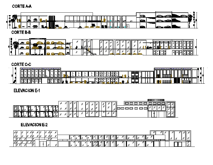 Shopping Center Building Elevation Section In DWG File