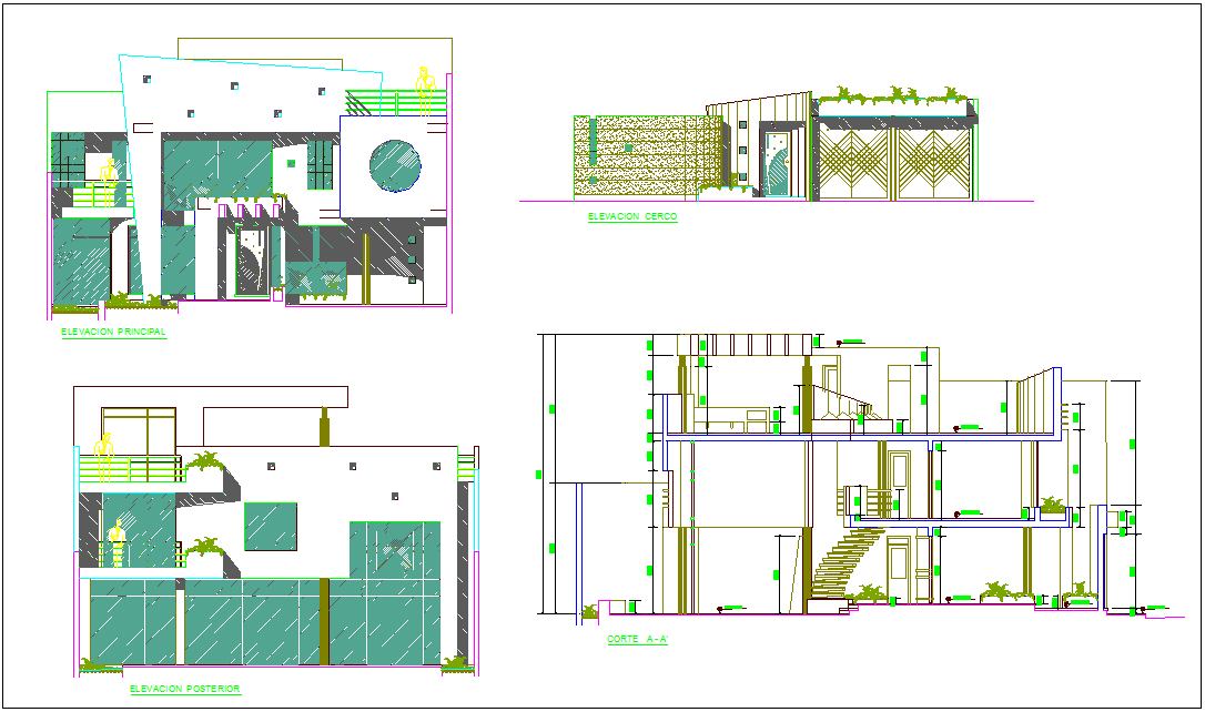 Different axis elevation and section view of residential area dwg file