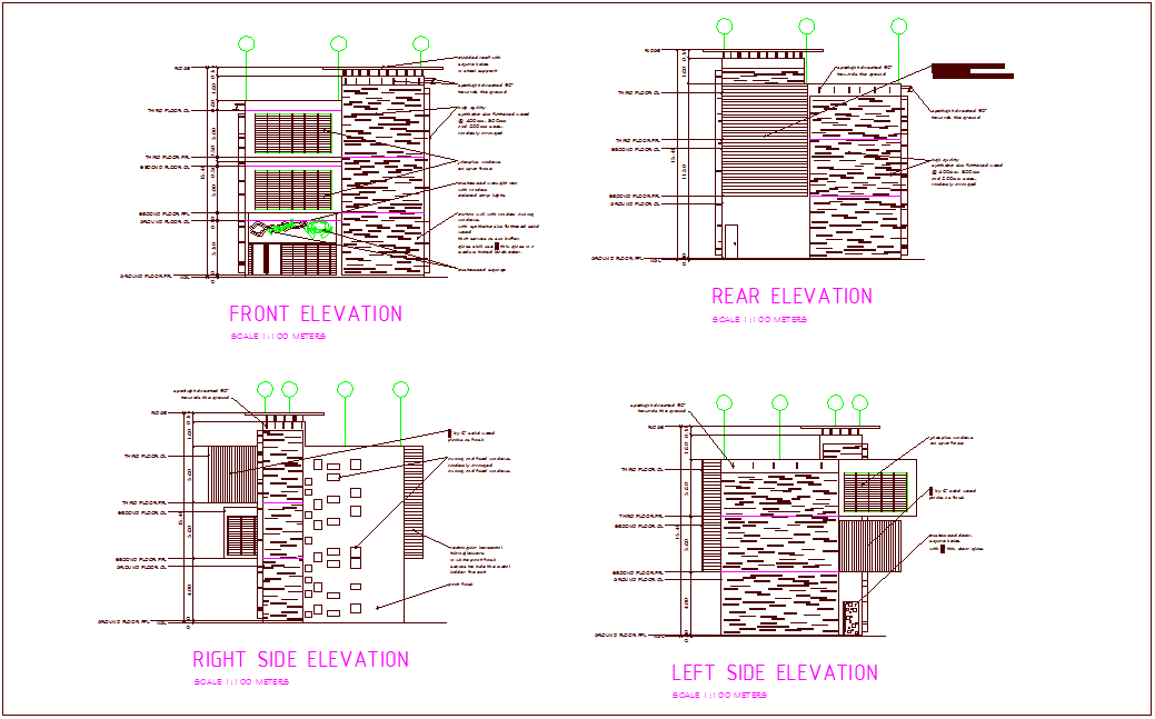 Different axis elevation view for administration building dwg file