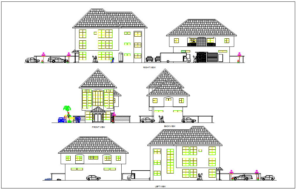Different axis elevation view for computer business center building dwg file