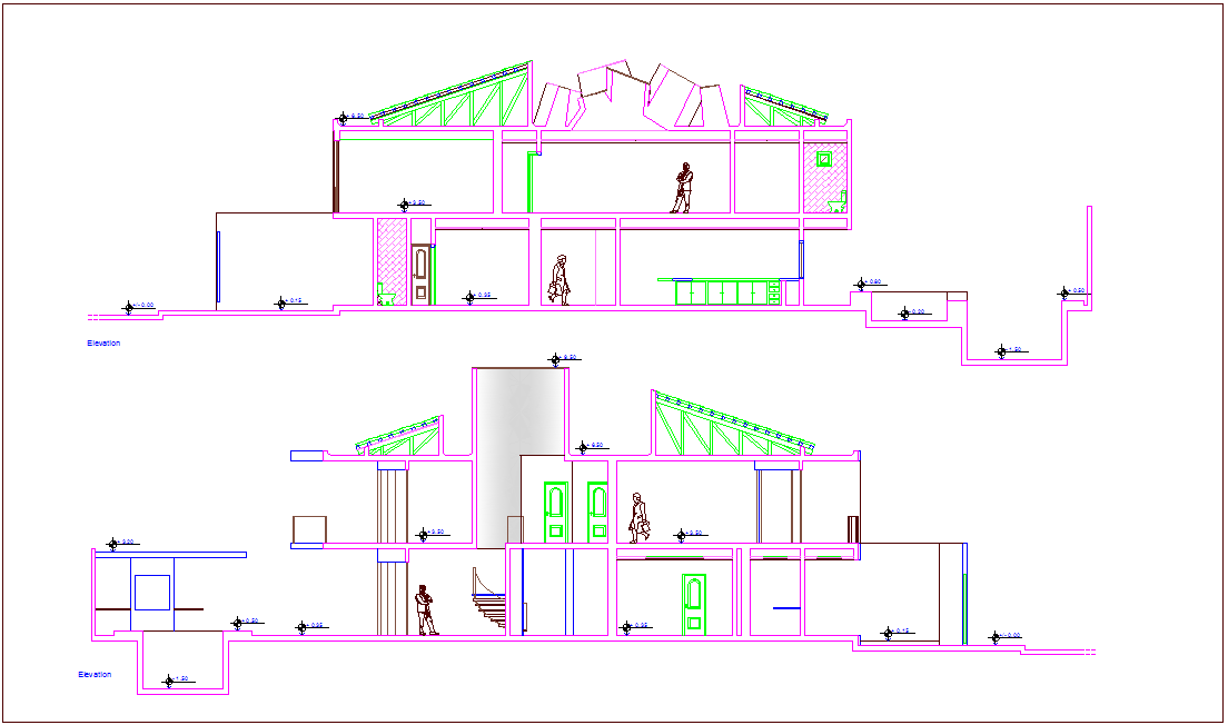 Different axis elevation view for residential building dwg file