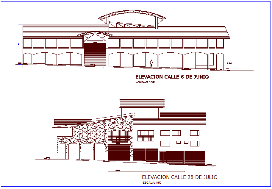 Different axis elevation view of market dwg file