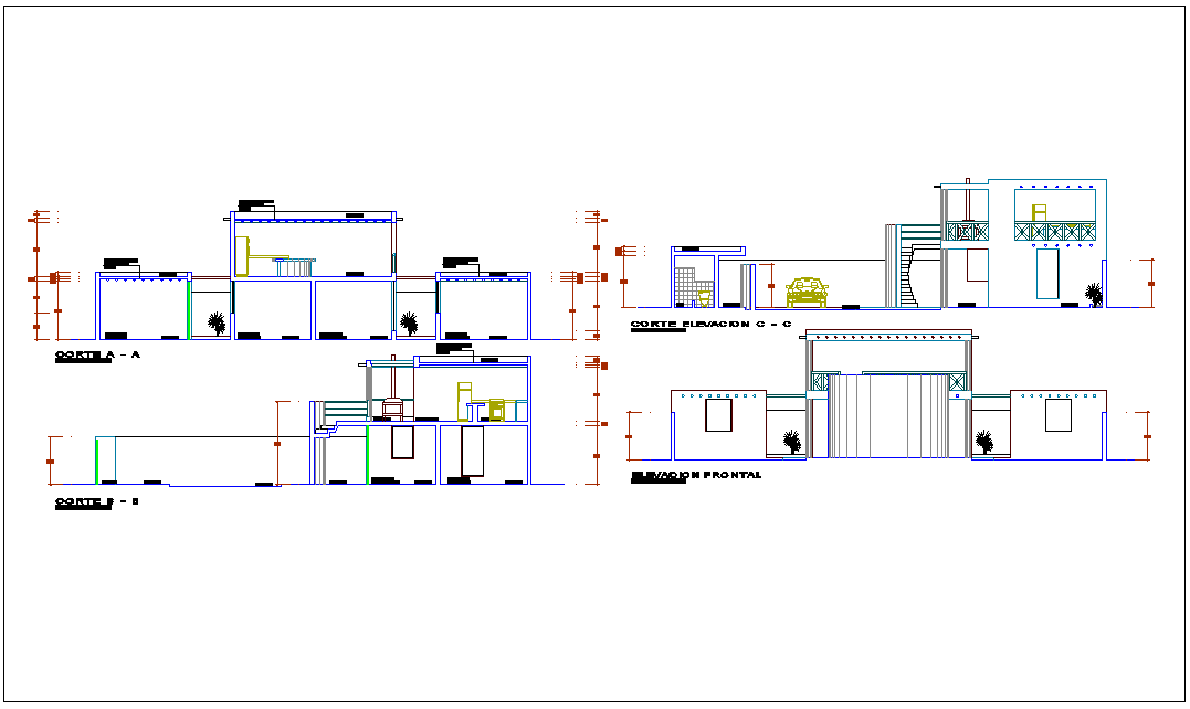 Different axis section view and elevation of beach house dwg file