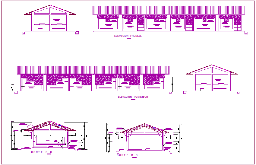 Different axis section view and elevation of classroom dwg file