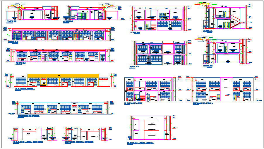 Different axis section view and elevation of education center dwg file