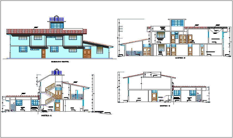 Different axis section view and elevation of health center dwg file