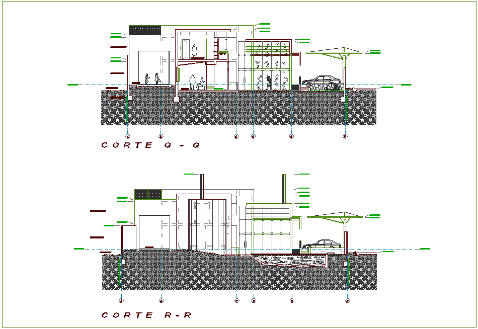 Different axis section view for residential building dwg file