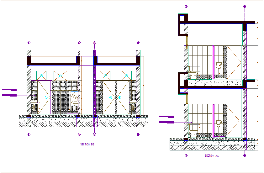 Different axis section view of public toilet dwg file