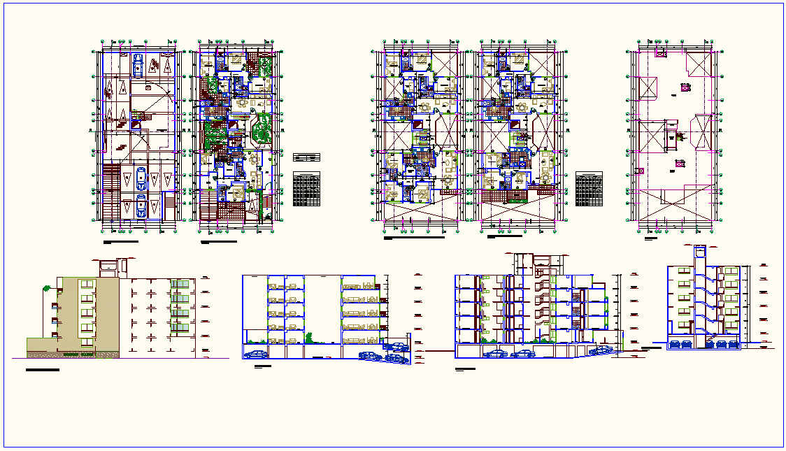 Different axis section view with plan,door and window detail for apartment building dwg file