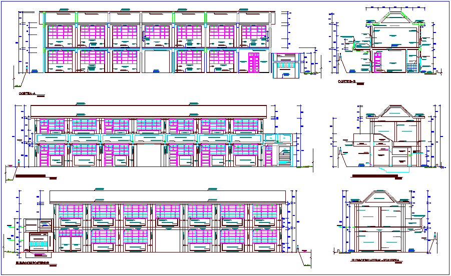 Different axis sectional view and elevation view of collage dwg file