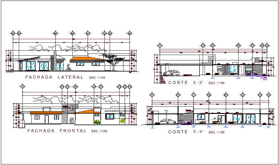 Different axis sectional view and elevation view of rural clinic dwg file