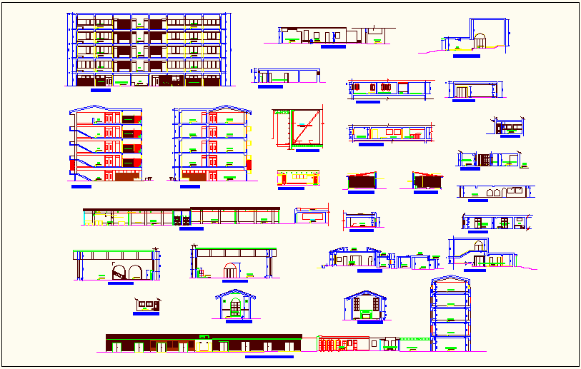 Different section view detail of university building dwg file