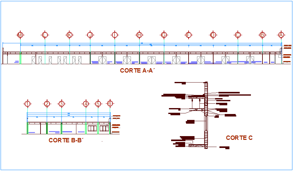 Different section view of clinic with construction detail dwg file