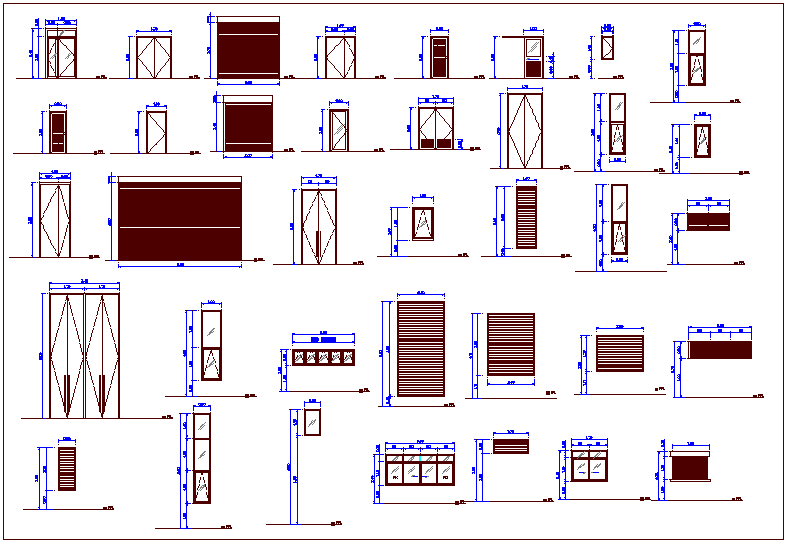 Different shape and size door and window view for conference building dwg file