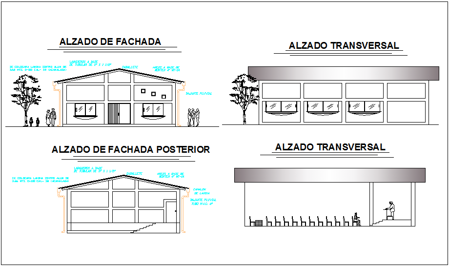 Different side elevation view of church dwg file